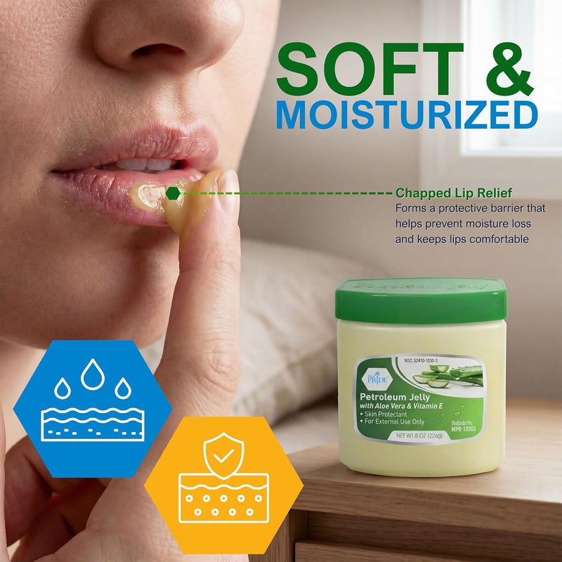 Medpride Petroleum Jelly with Aloe Vera & Vitamin E, 8 oz – Skin Protectant and Moisturizing Ointment for Dry or Irritated Skin, Rashes, Chapped Lips, Minor Cuts, Burns and Diaper Rash - Image 2